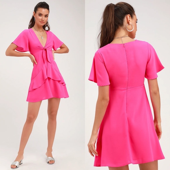 Lulus | Jewell Fuchsia Pink Tie-Front Ruffled Skater Dress - Picture 1 of 7